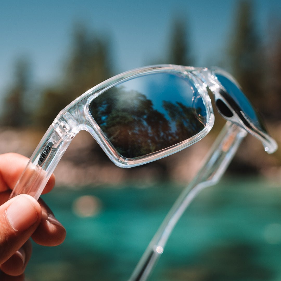 Clear sunglasses held by a hand with a blurred natural background