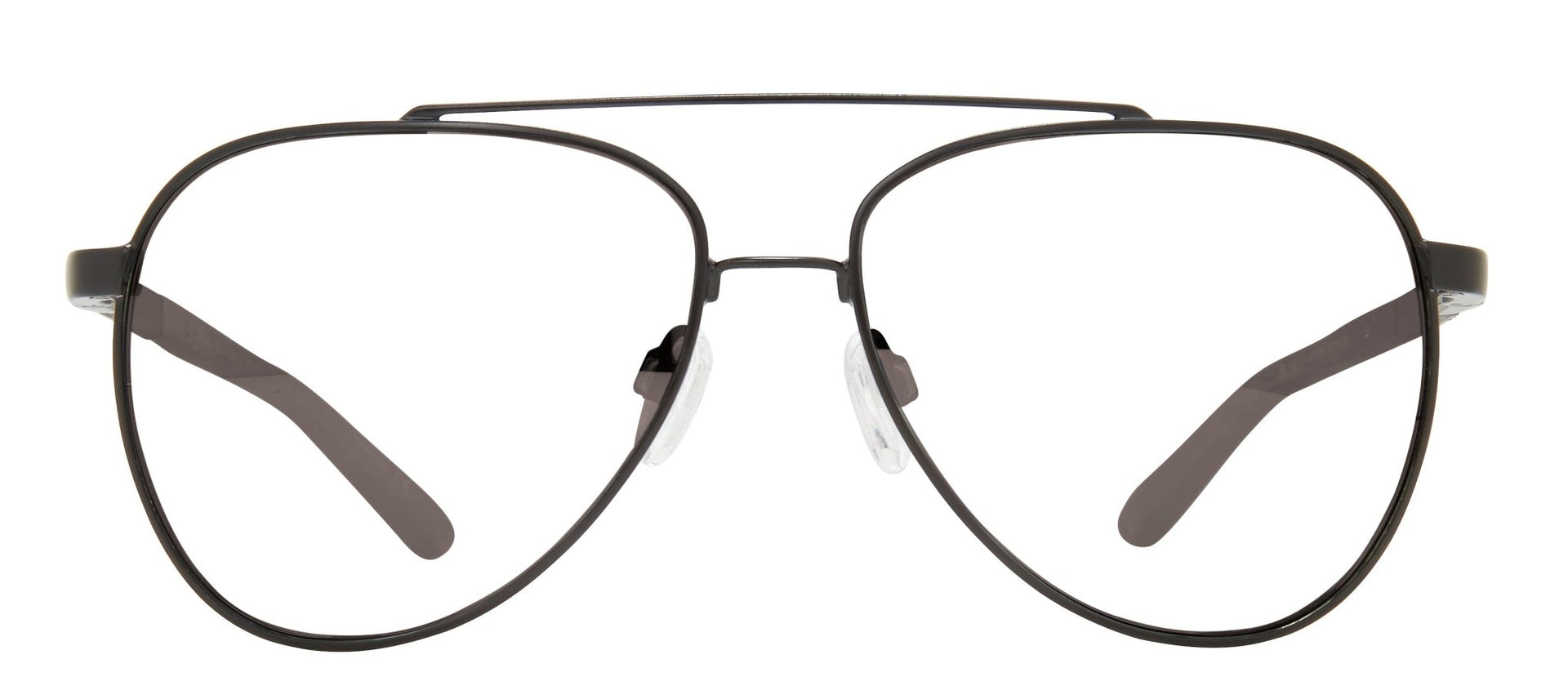 A pair of silver aviator-style eyeglasses with clear lenses and a metallic frame.