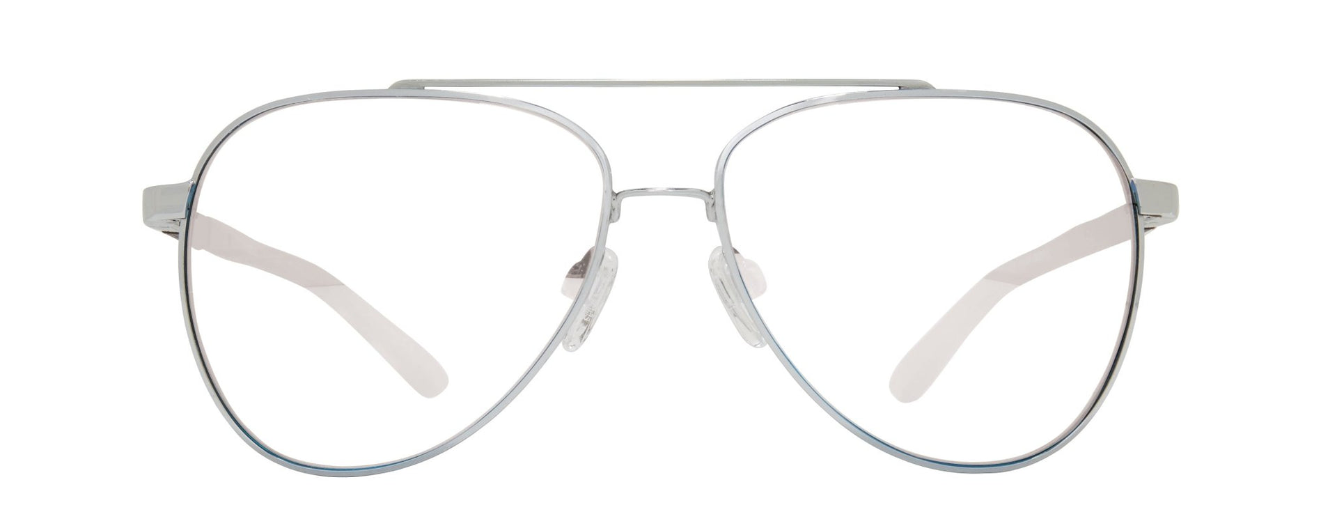 A pair of silver aviator-style eyeglasses with clear lenses and a metallic frame.