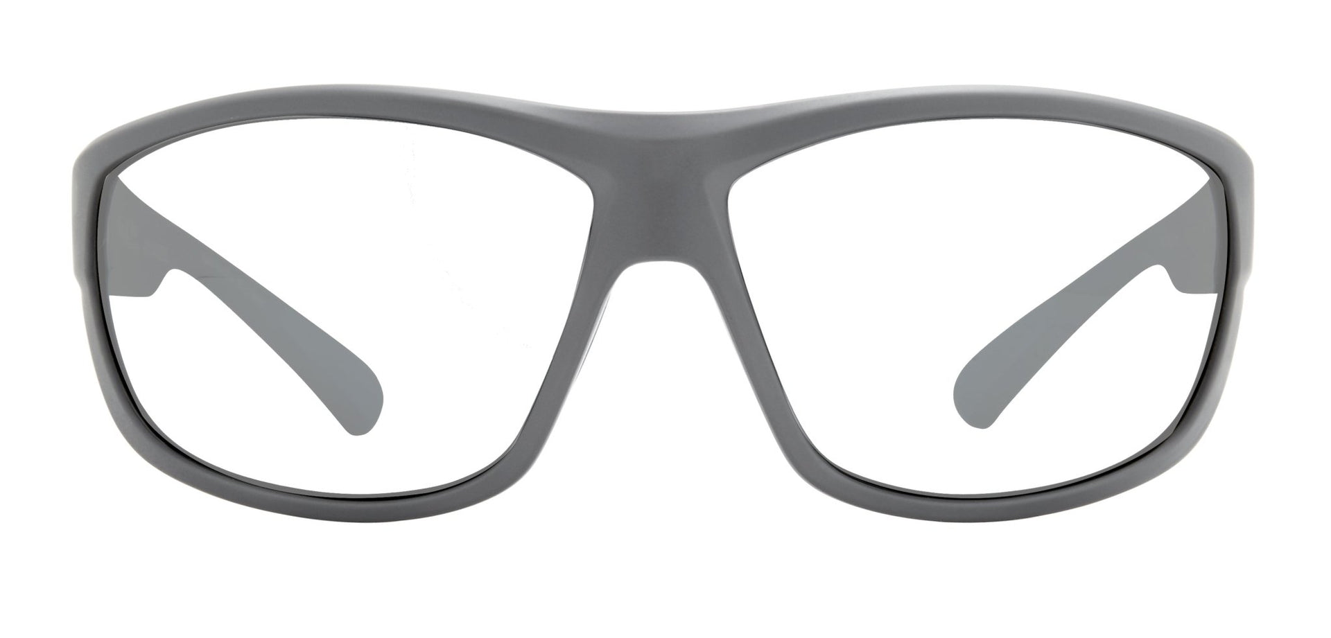 A pair of gray square-framed eyeglasses with clear lenses and a matte finish.