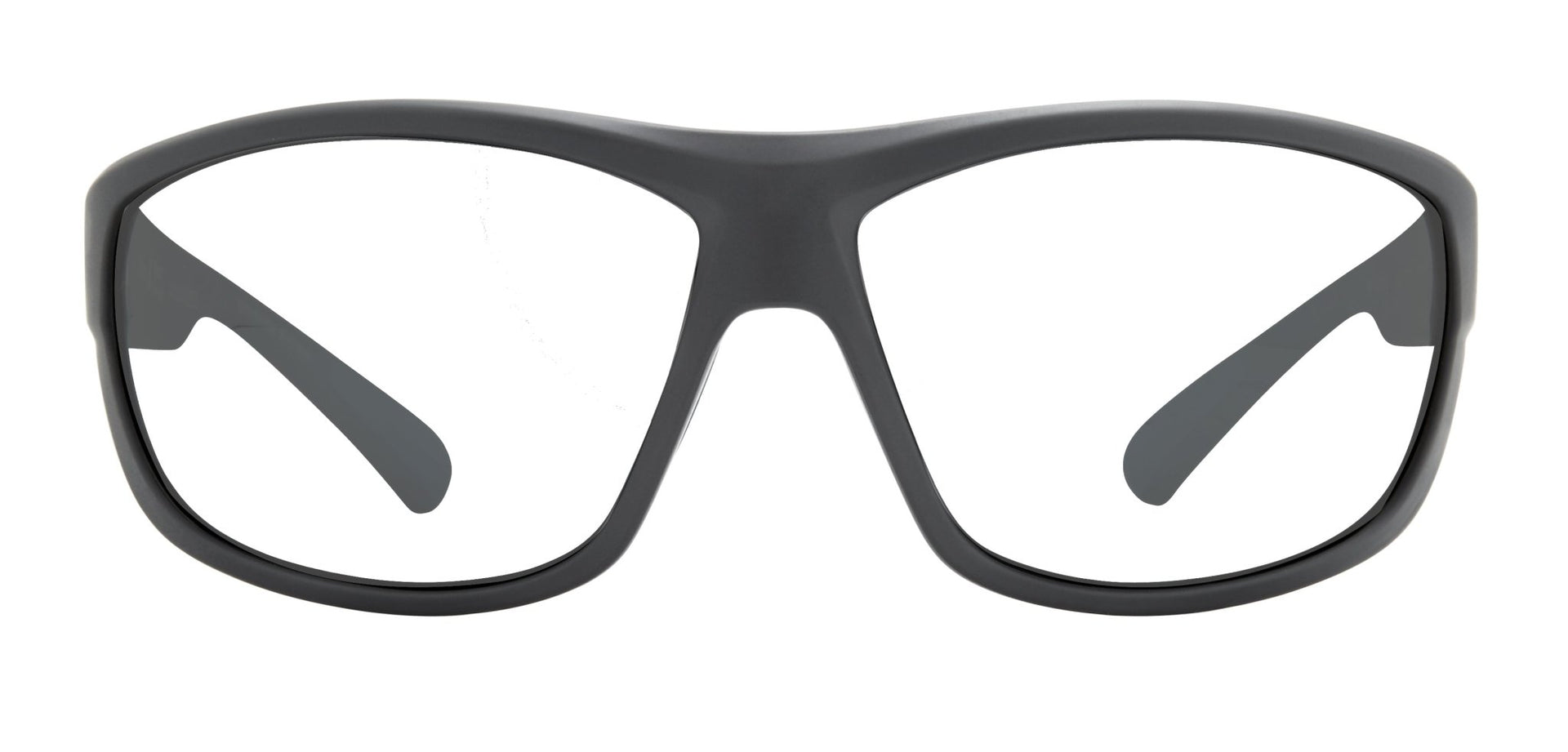 A pair of gray square-framed eyeglasses with clear lenses and a matte finish.