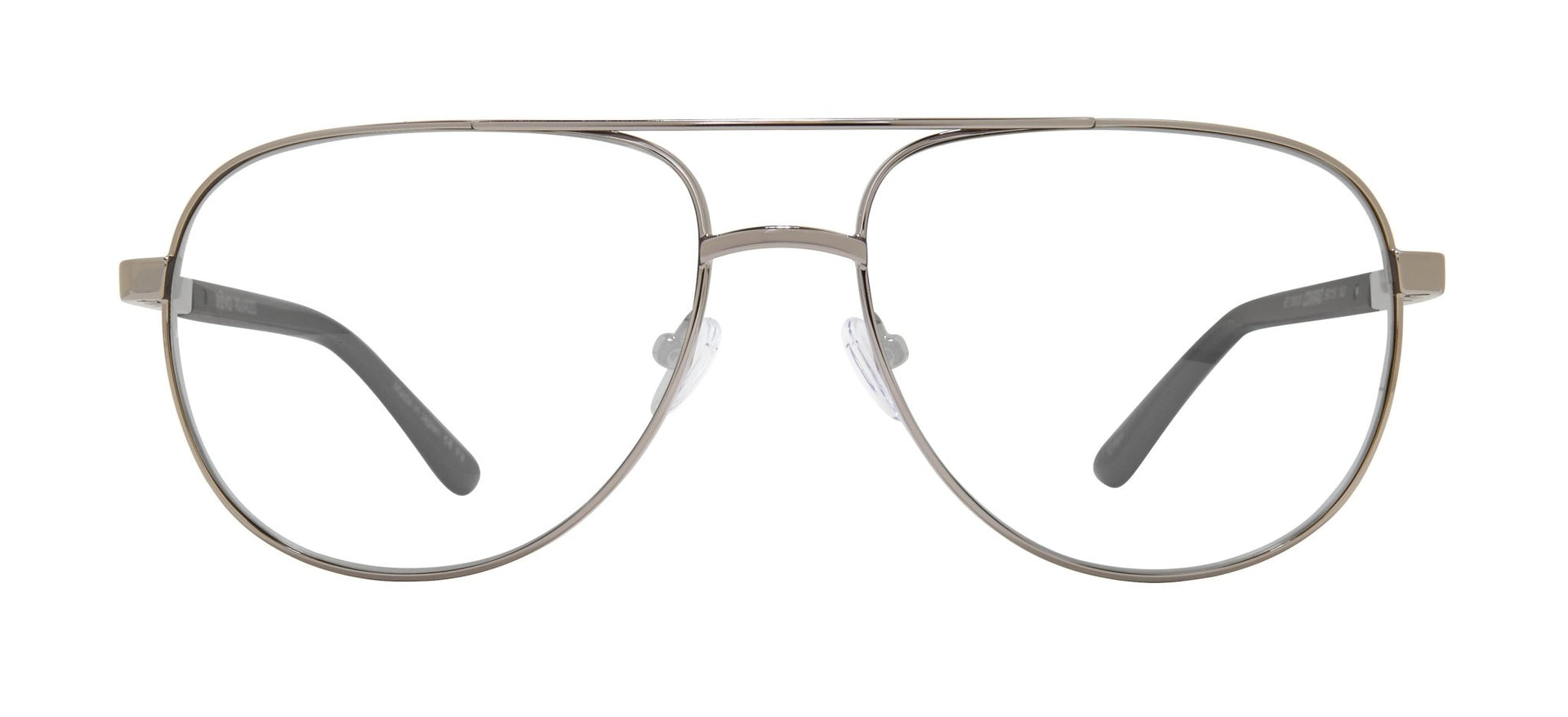 A pair of metal framed eyeglasses with clear lenses and anti-reflective coating