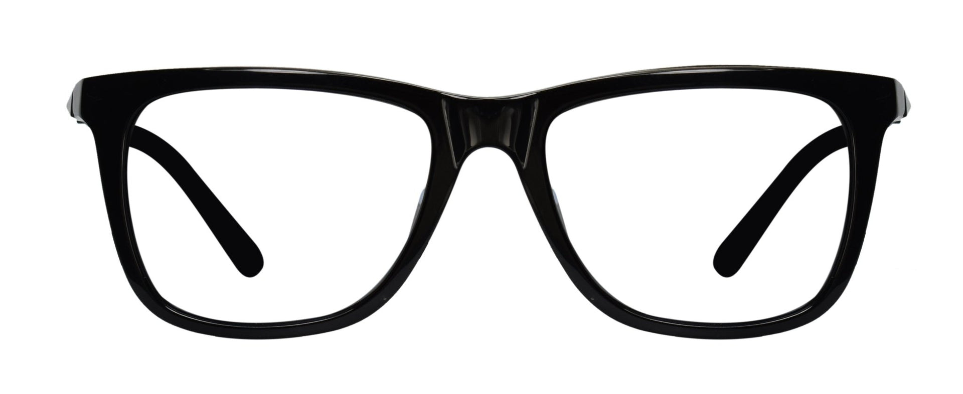 A pair of clear, square-shaped eyeglasses with a full frame design.