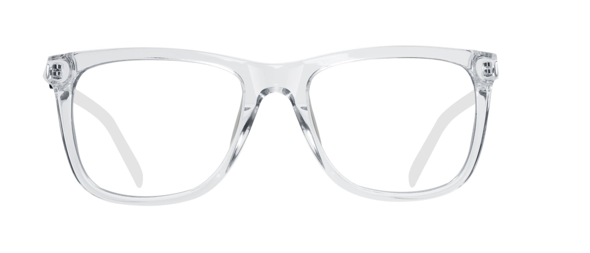 A pair of clear, square-shaped eyeglasses with a full frame design.