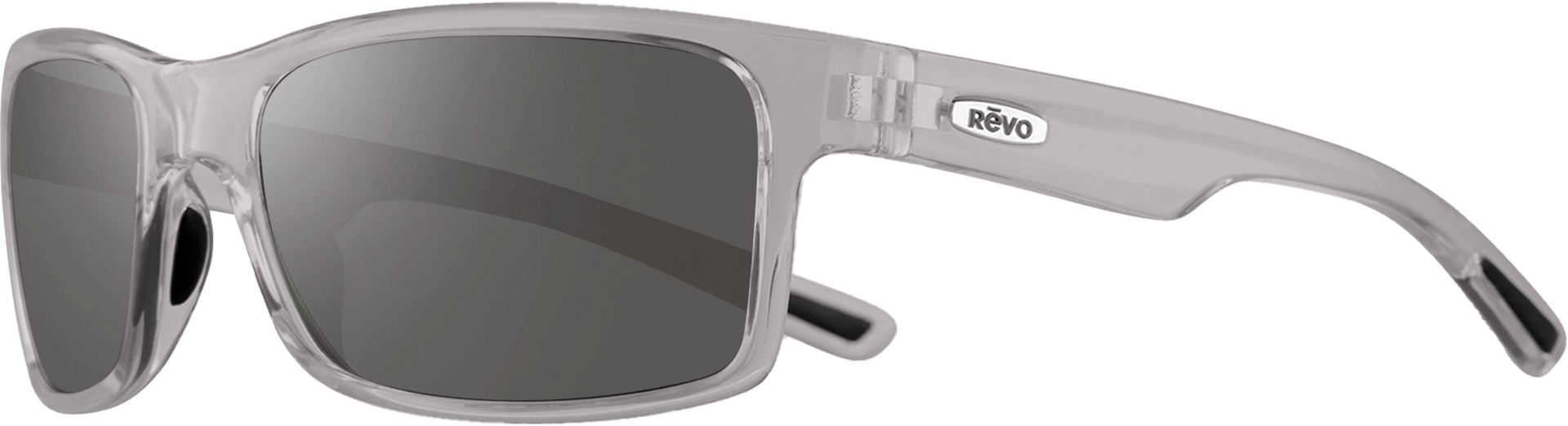 Gray sunglasses with a visible brand logo on a clear background