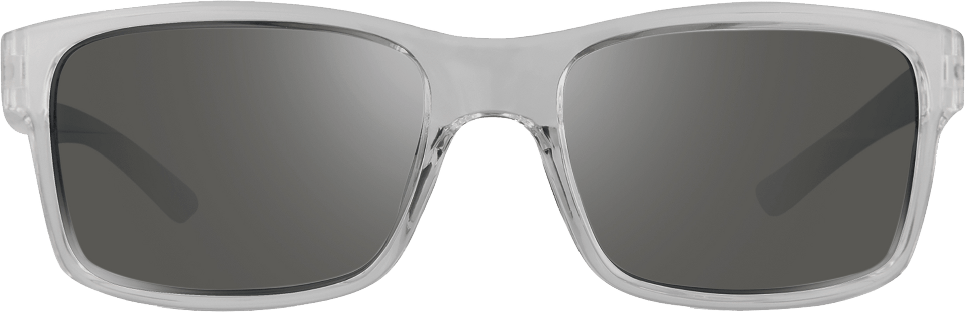 Sunglasses with a clear frame and dark lenses on a white background