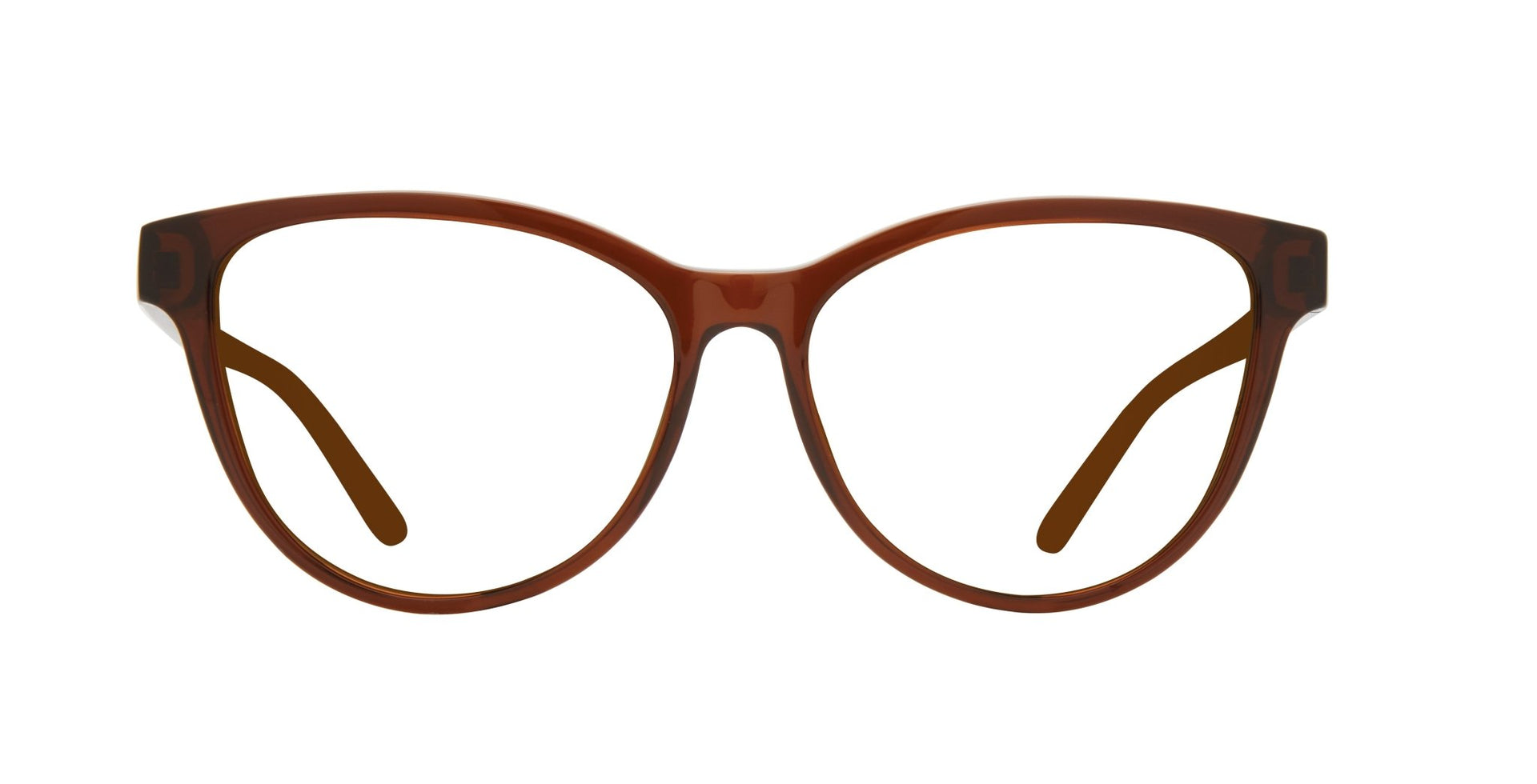 A pair of brown, full frame optical glasses with a cat eye design.