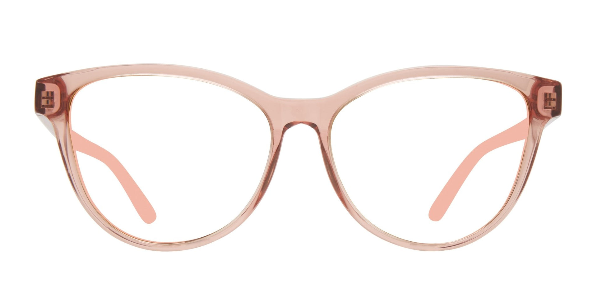 A pair of pink, full frame optical glasses with a cat eye design.