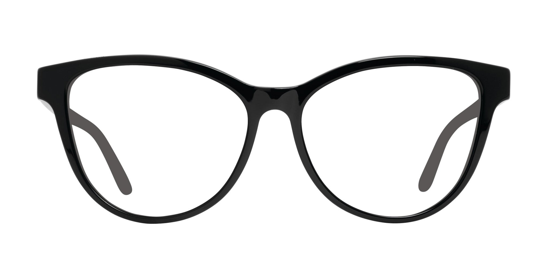 A pair of black, plastic, full frame eyeglasses with a round shape design.