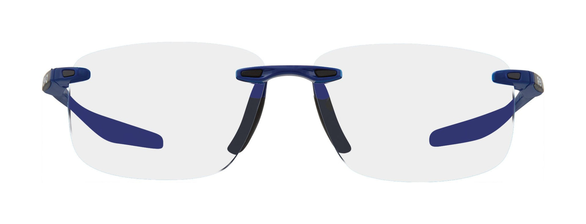 A pair of blue and black prescription sunglasses with a rimless frame design.