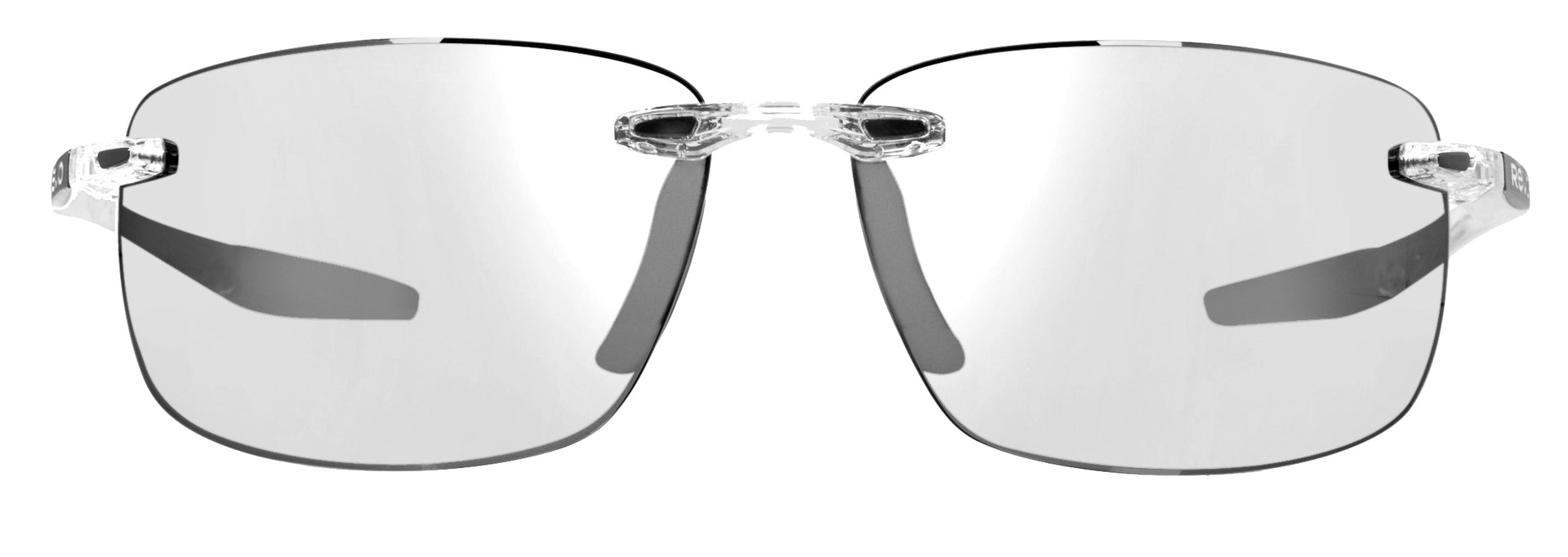 A pair of clear prescription sunglasses with a rimless frame design.