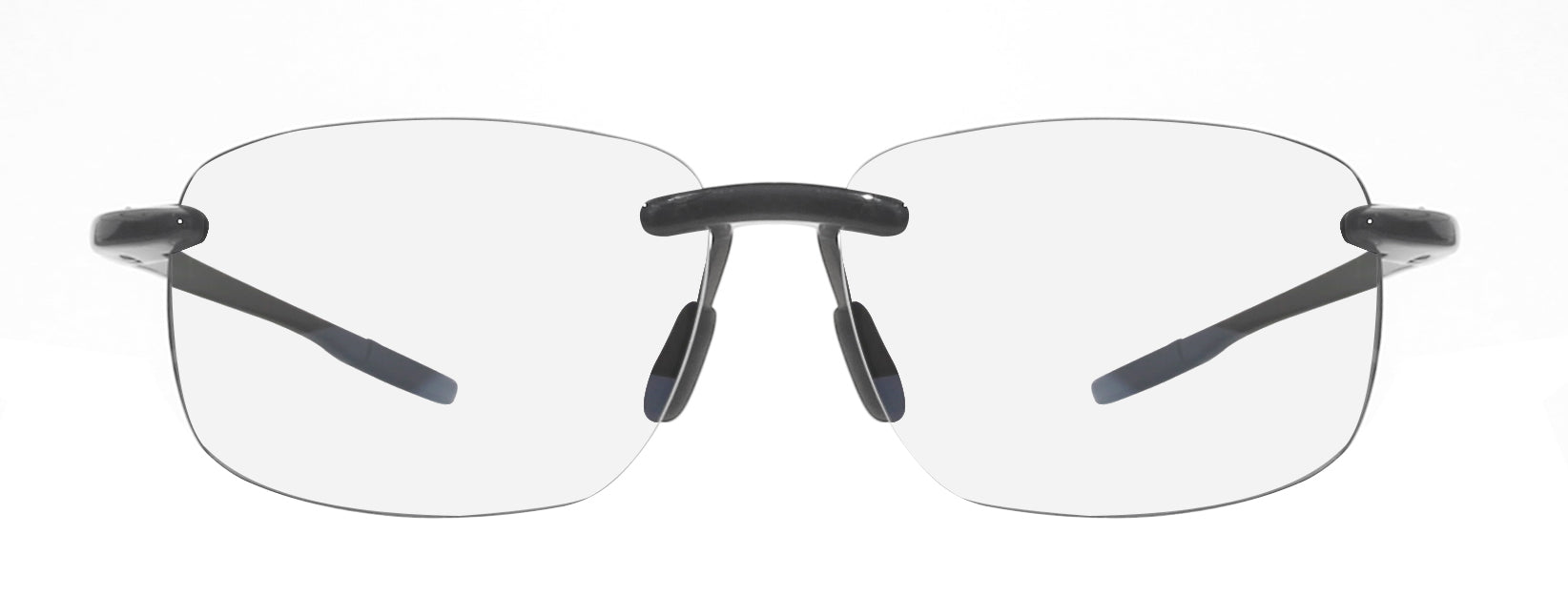 A pair of rimless, square-shaped, prescription sunglasses with a black frame.