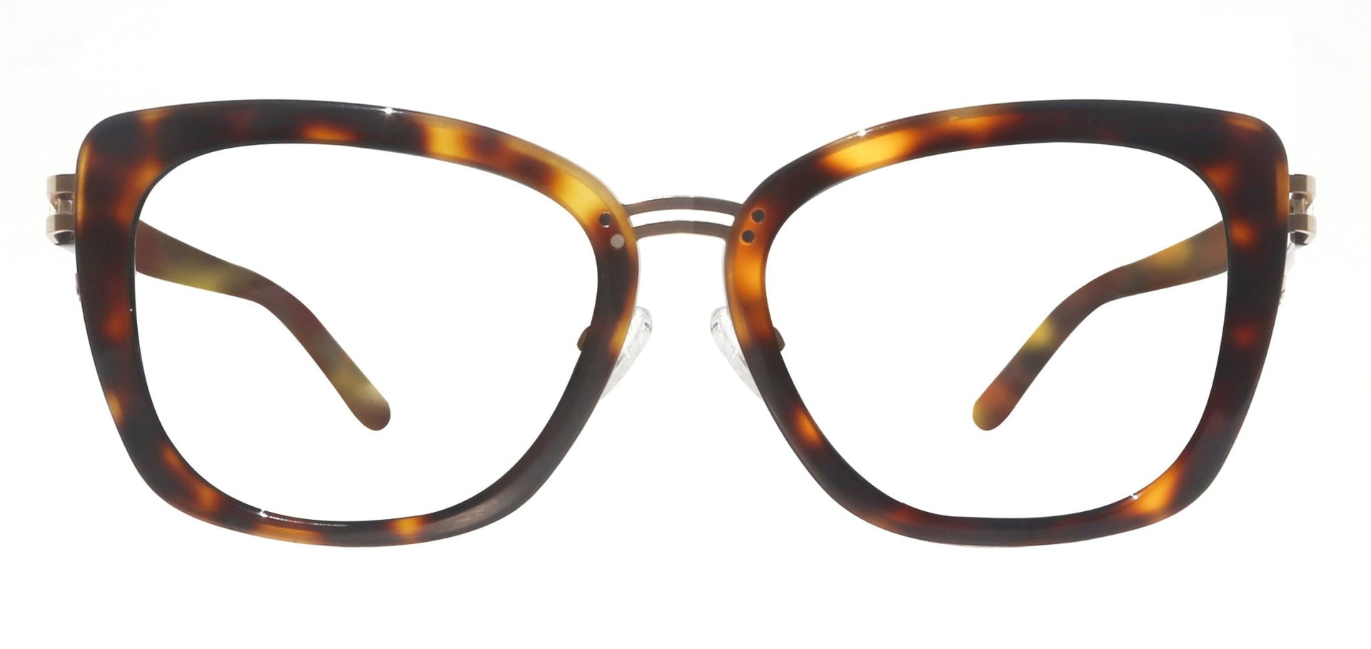A pair of eyeglasses with a patterned frame and clear lenses, featuring a cat-eye design.