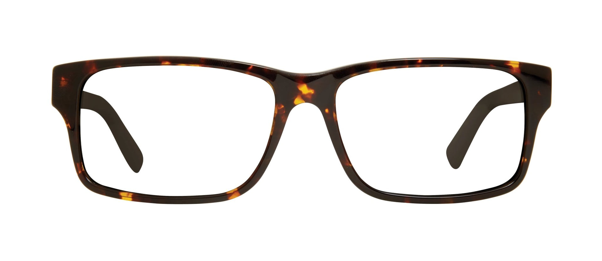 A pair of square-shaped eyeglasses with a patterned frame.