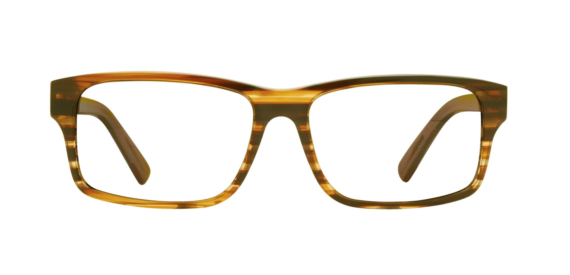 A pair of square-shaped eyeglasses with a patterned frame.