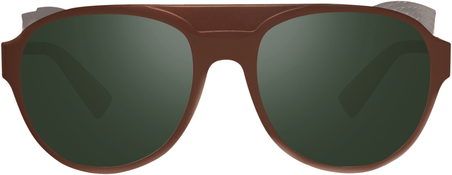 A pair of sunglasses with a bronze frame and silver leather side shields, featuring a green tinted lens.