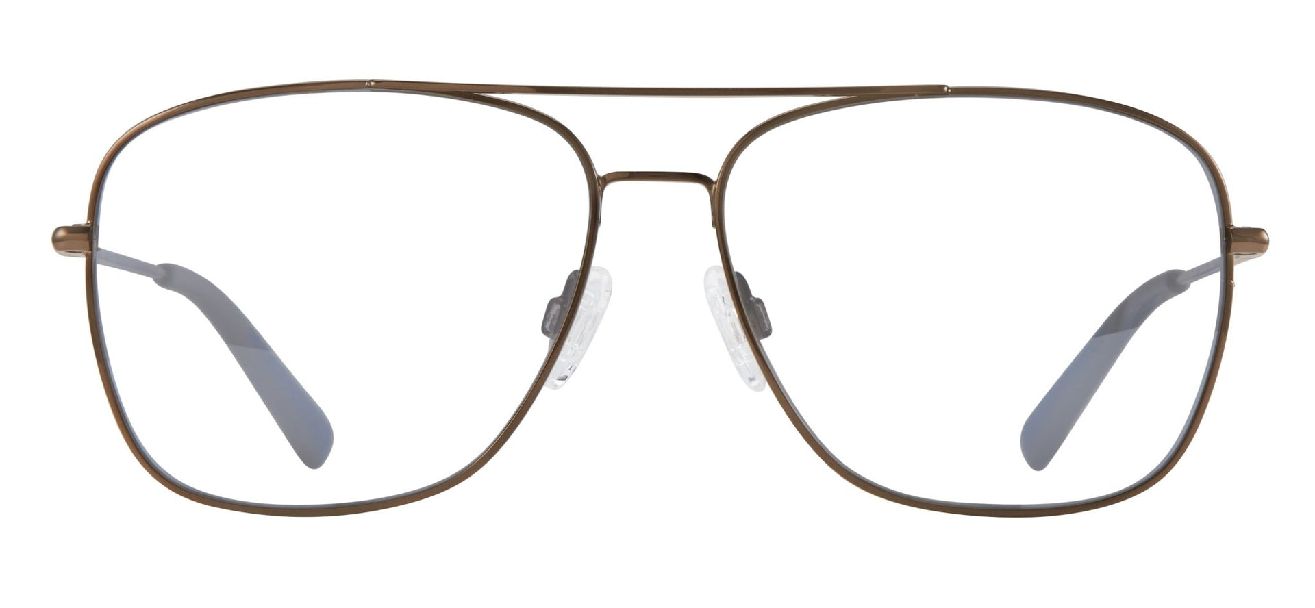A pair of square-shaped, full frame metal eyeglasses with blue accents on the arms.
