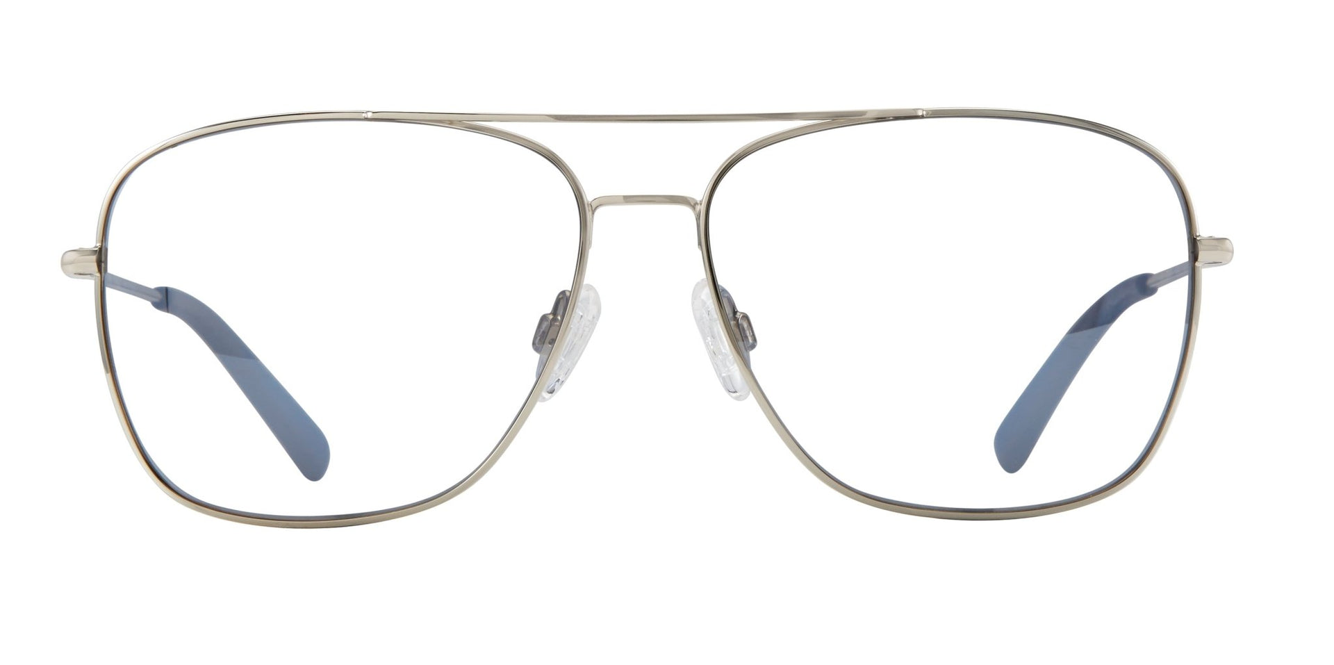 A pair of square-shaped, full frame metal eyeglasses with blue accents on the arms.