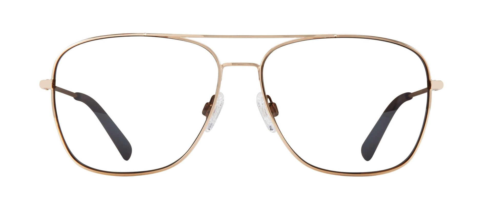 A pair of square-shaped, full frame metal eyeglasses with blue accents on the arms.