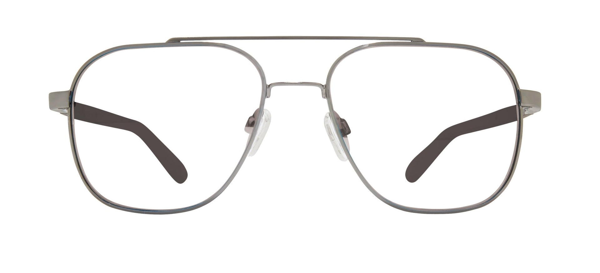 A pair of square-shaped, full frame metal eyeglasses with a double bridge design.