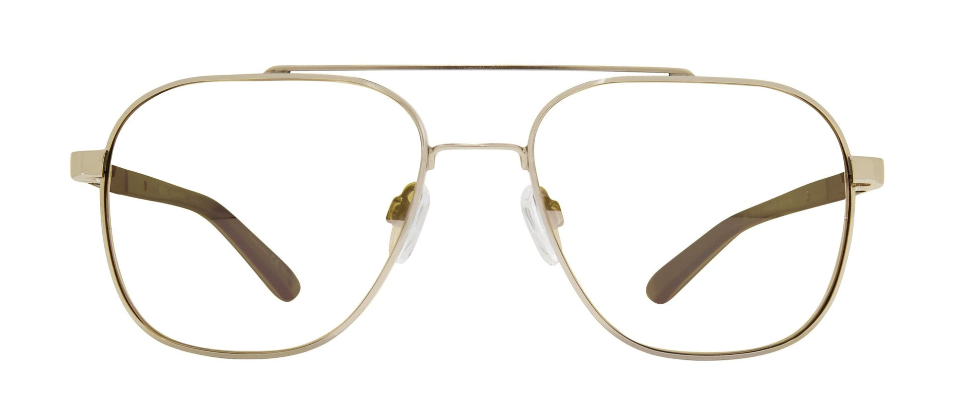 A pair of square-shaped, full frame metal eyeglasses with a double bridge design.