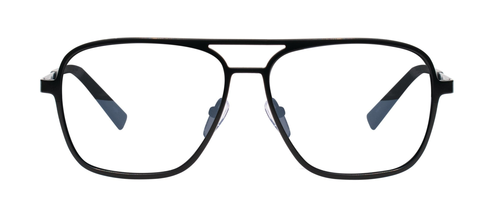 A pair of black square-shaped eyeglasses with a metallic bridge and blue accents on the arms.