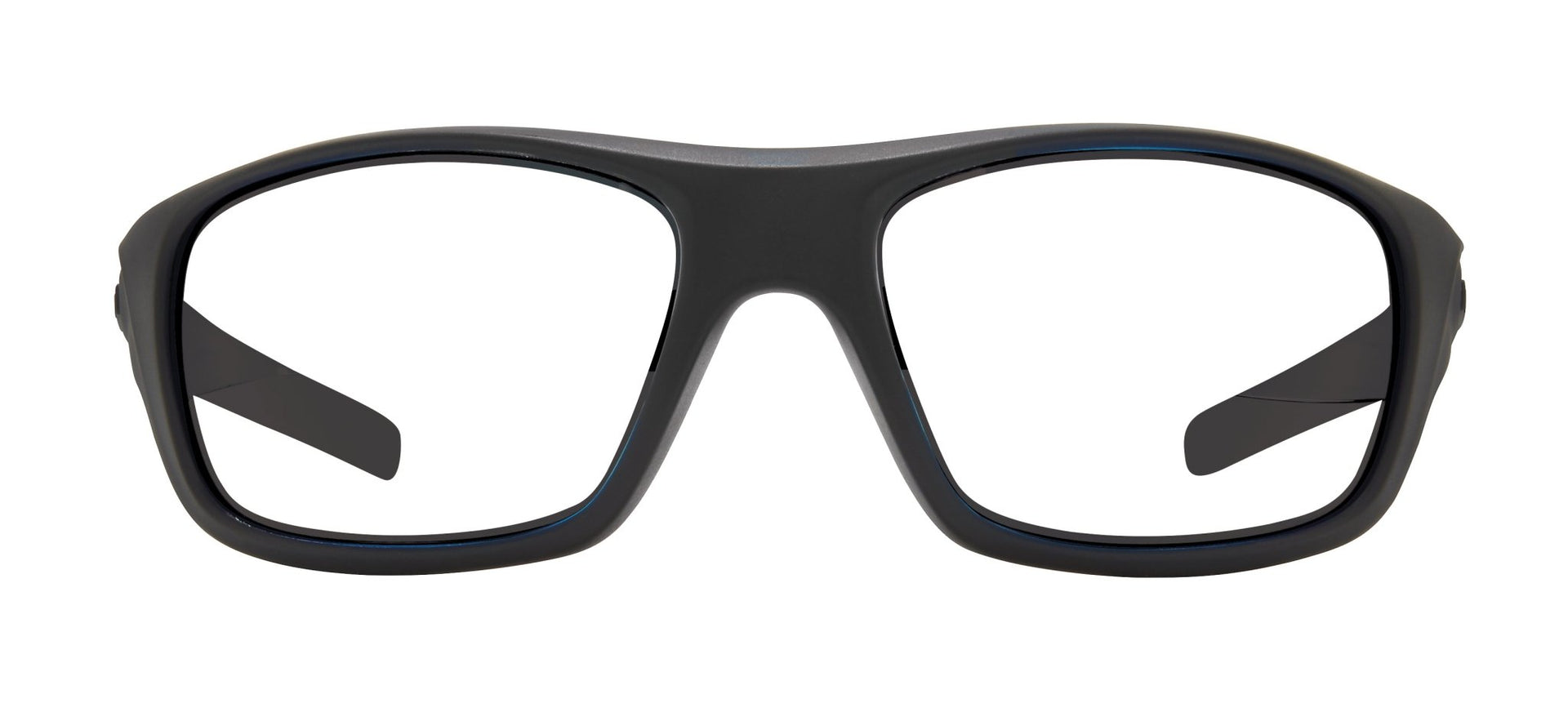 A pair of prescription sunglasses with a black frame.