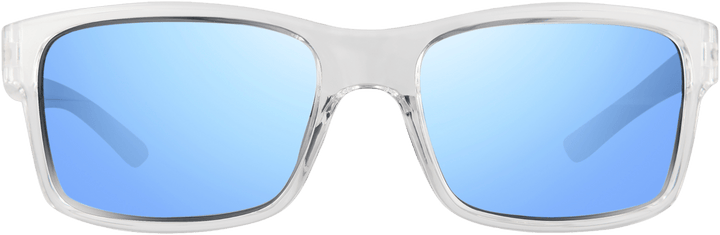 A pair of blue polarized sunglasses with a wraparound design.
