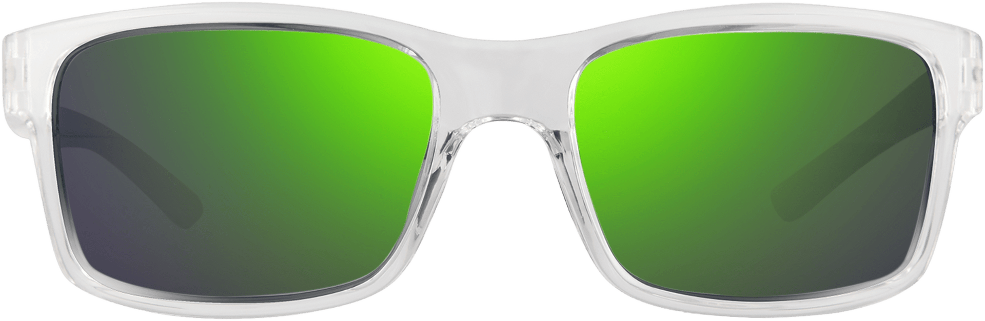 A pair of photochromic sunglasses with a clear frame and green lenses.