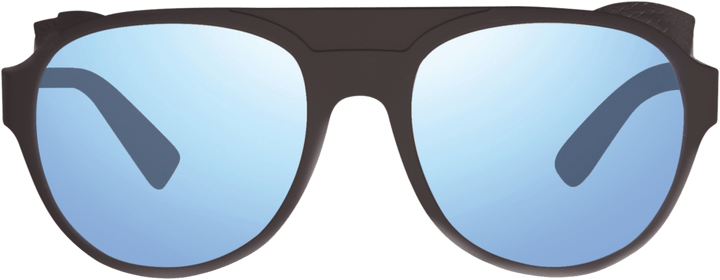 Traverse glacier glass sunglasses with dark frame and blue mirrored lenses.