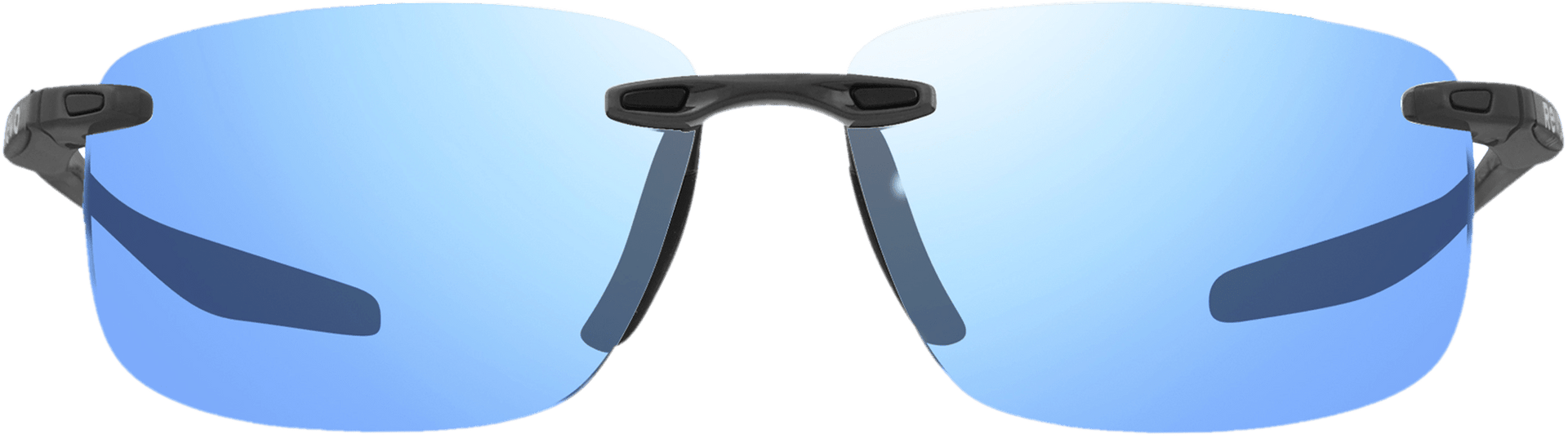 A pair of rimless sunglasses with blue polarized lenses and a metallic frame.
