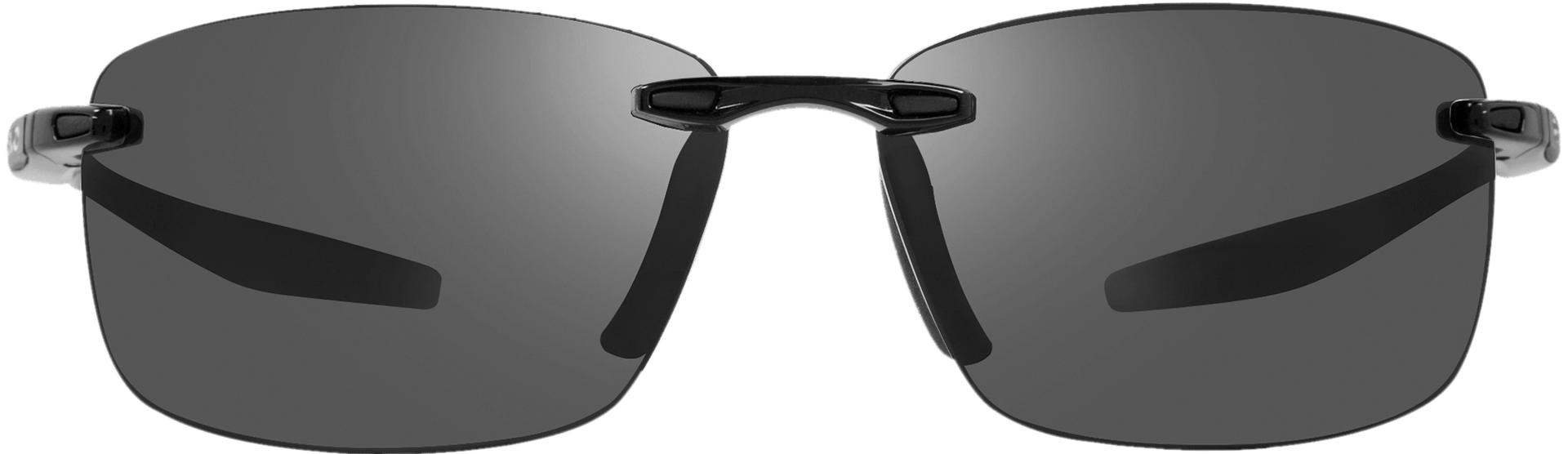 A pair of rimless sunglasses with gray polarized lenses and a metallic frame.