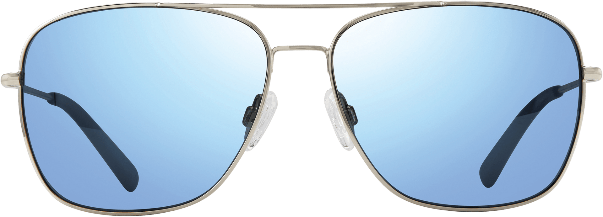 A pair of navigator-style sunglasses with a silver frame and polarized lenses.