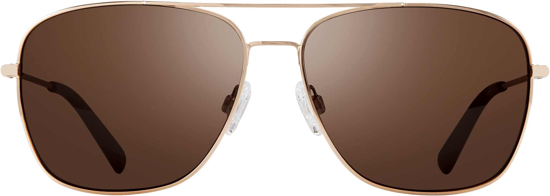 A pair of navigator-style sunglasses with a gold frame and polarized lenses.