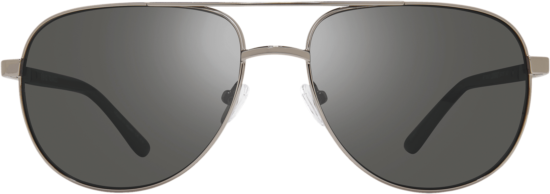 A pair of aviator style sunglasses with gray lenses and metallic frame.