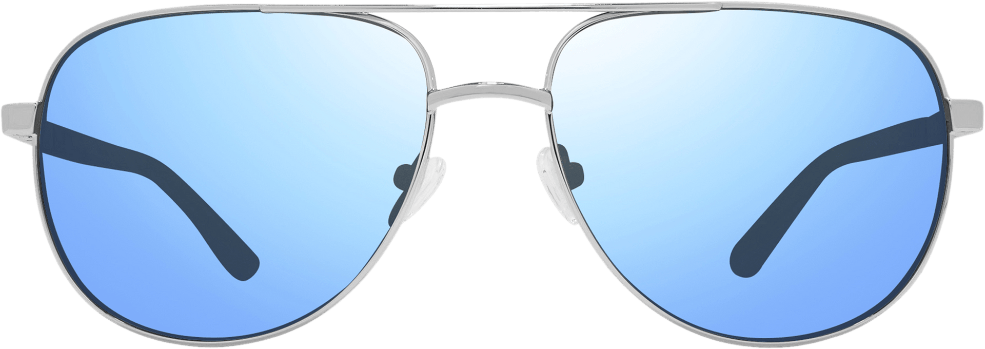 A pair of aviator style sunglasses with blue lenses and metallic frame.