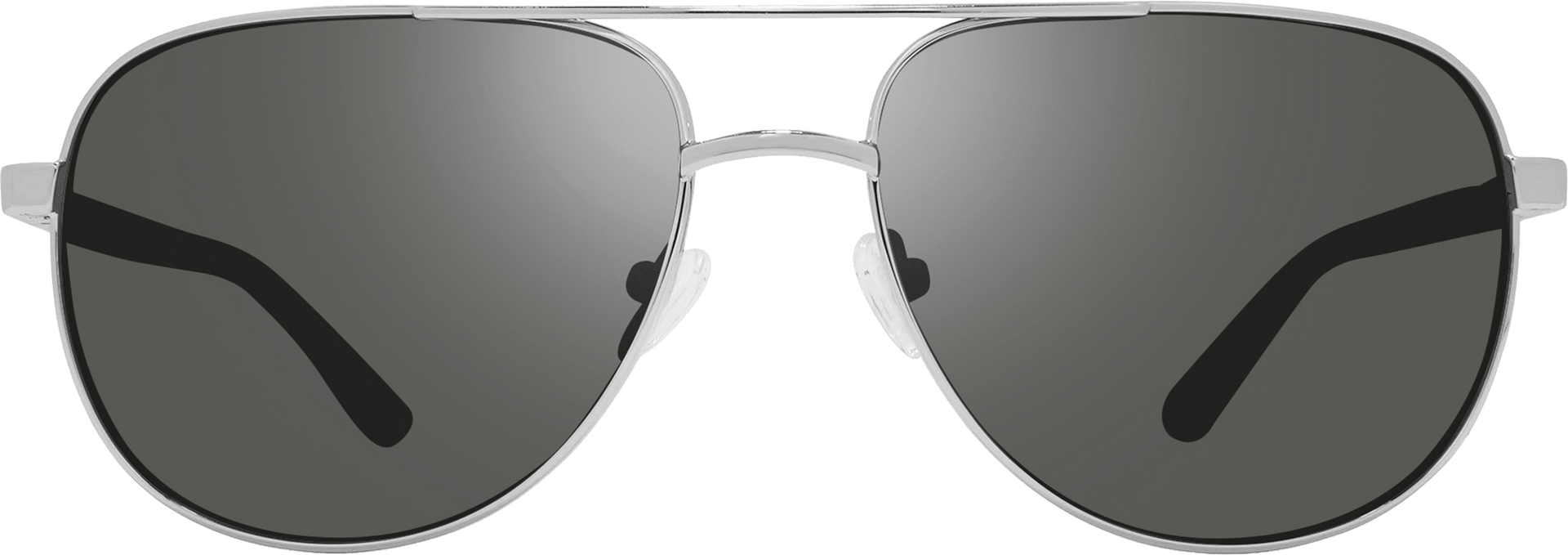 A pair of aviator style sunglasses with gray lenses and metallic frame.