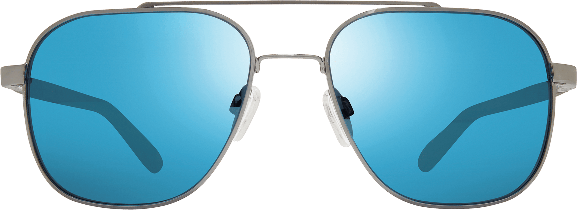 A pair of aviator-style sunglasses with a metallic frame and blue lenses.