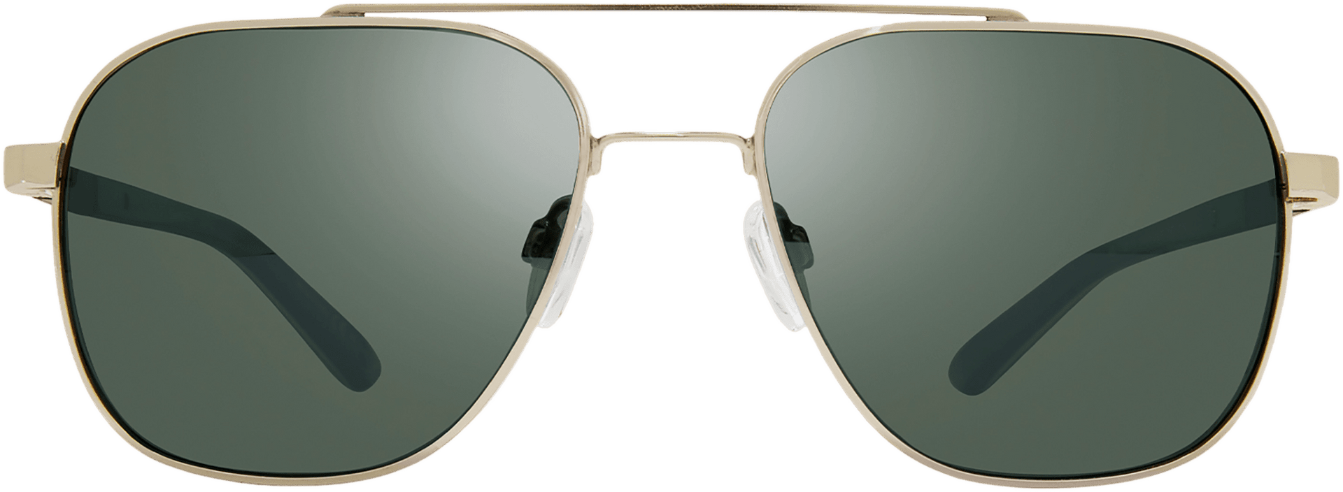 A pair of aviator-style sunglasses with a metallic frame and dark lenses.