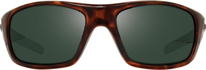 Jasper wraparound sunglasses in tortoiseshell frame with dark green polarized lenses.