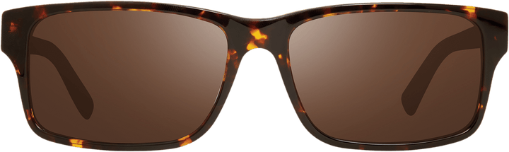 A pair of rectangular framed sunglasses with brown lenses and a tortoise frame.