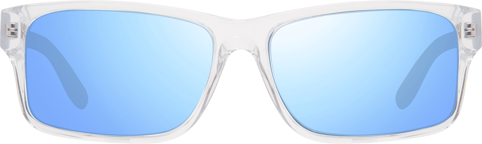 A pair of rectangular framed sunglasses with blue lenses and a clear frame.