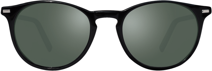 Front view of Sierra sunglasses in a glossy black frame with NASA polarized lenses in a P3 shape
