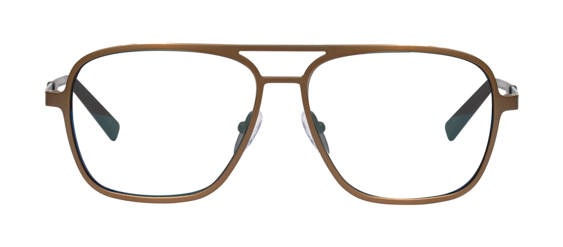 A pair of black square-shaped eyeglasses with a metallic bridge and blue accents on the arms.