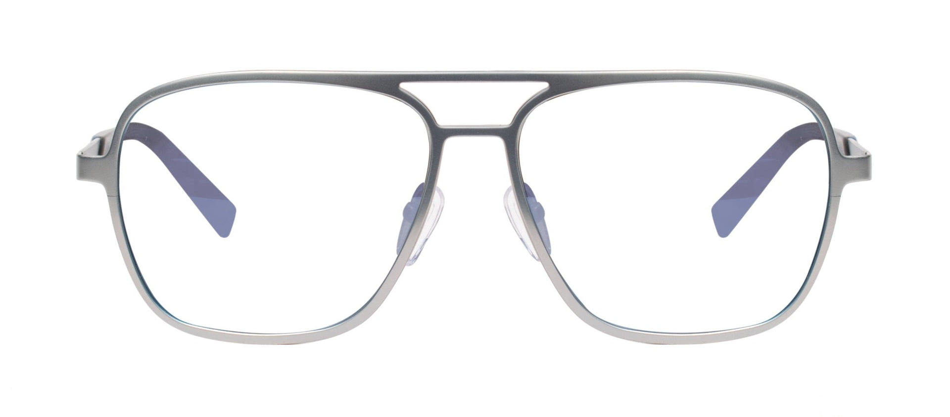 A pair of black square-shaped eyeglasses with a metallic bridge and blue accents on the arms.