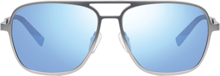 A pair of square-shaped, titanium frame sunglasses with blue polarized lenses.