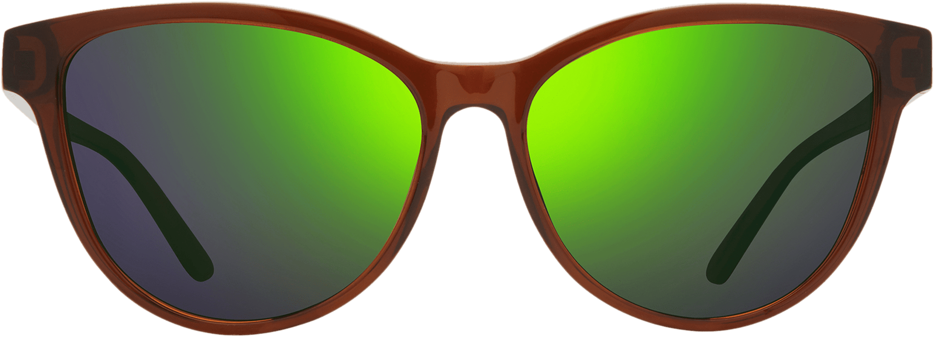 A pair of rose-colored cat-eye sunglasses with polarized lenses.