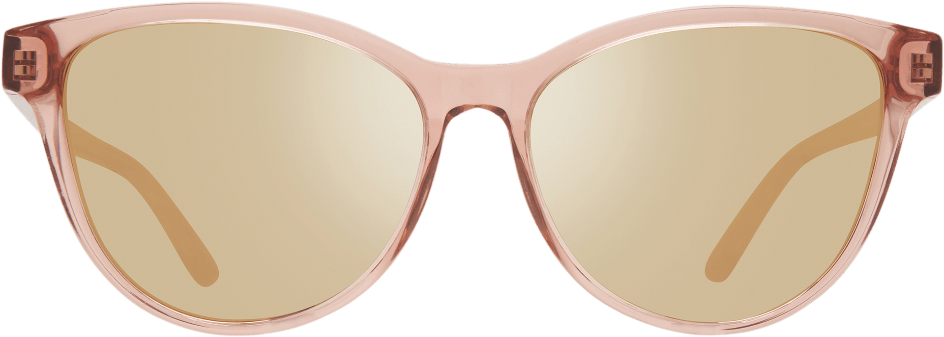 A pair of rose-colored cat-eye sunglasses with polarized lenses.