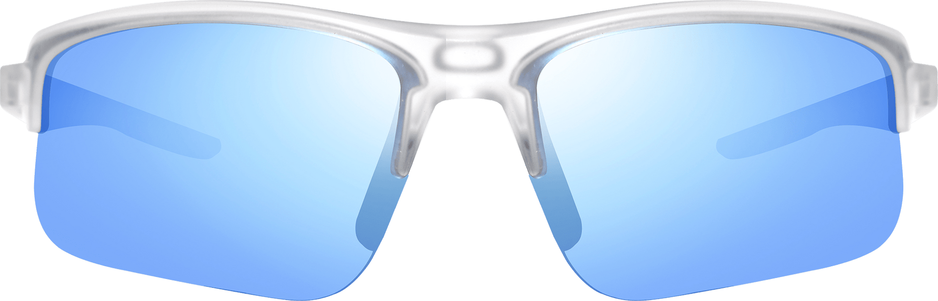 A pair of semi-rimless wrap sunglasses with blue polarized lenses and a clear frame.