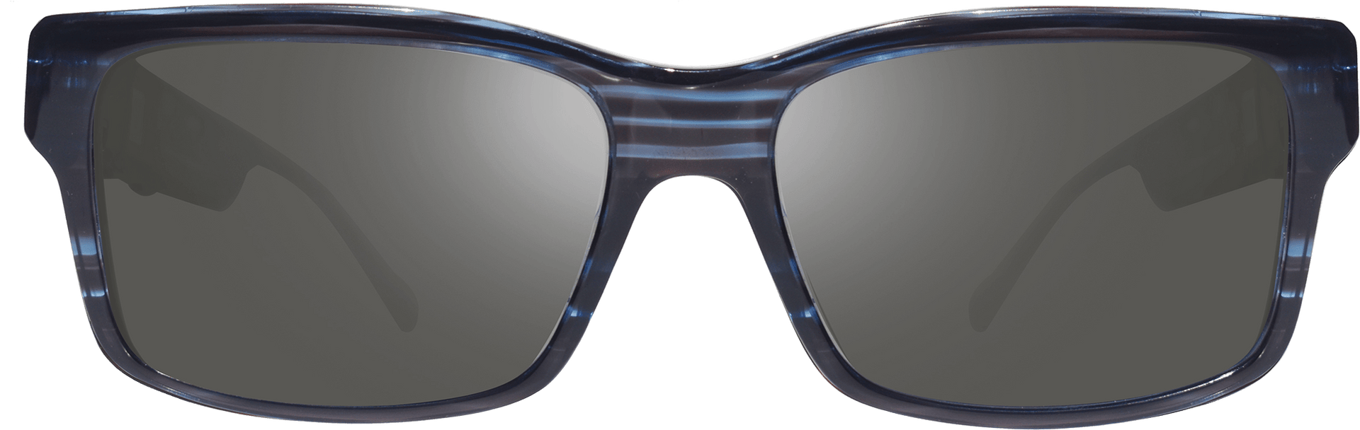 A pair of blue sunglasses with gray polarized lenses.